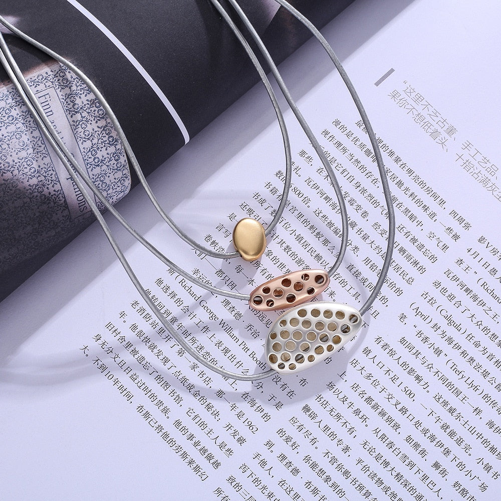 Amorcome Metal Beads Leather Necklace for Women Jewelry Boho Multilayered Short Choker Necklace Handmade Gift Female