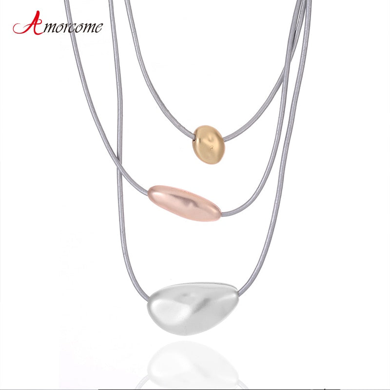 Amorcome Metal Beads Leather Necklace for Women Jewelry Boho Multilayered Short Choker Necklace Handmade Gift Female