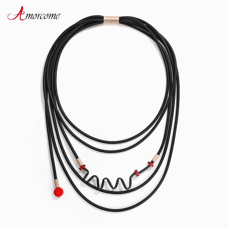 Amorcome Unqiue Design Black Rubber Statement Necklace Bib Necklace Multi Strand Leather Choker Collars Unusual Women Jewelry