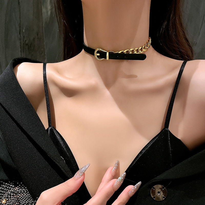 Amorcome Women Punk PU Leather Choker Chain Collar Necklace Hip Hop Female Girls Party Jewelry Neck Accessories Bracelet 2021
