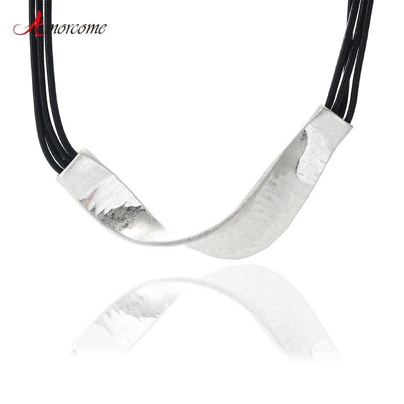 Amorcome Women's Pendants Necklace for Women Men Vintage Twisted Metal Leather Rope Choker Necklaces Neck Collar Jewelry Femme