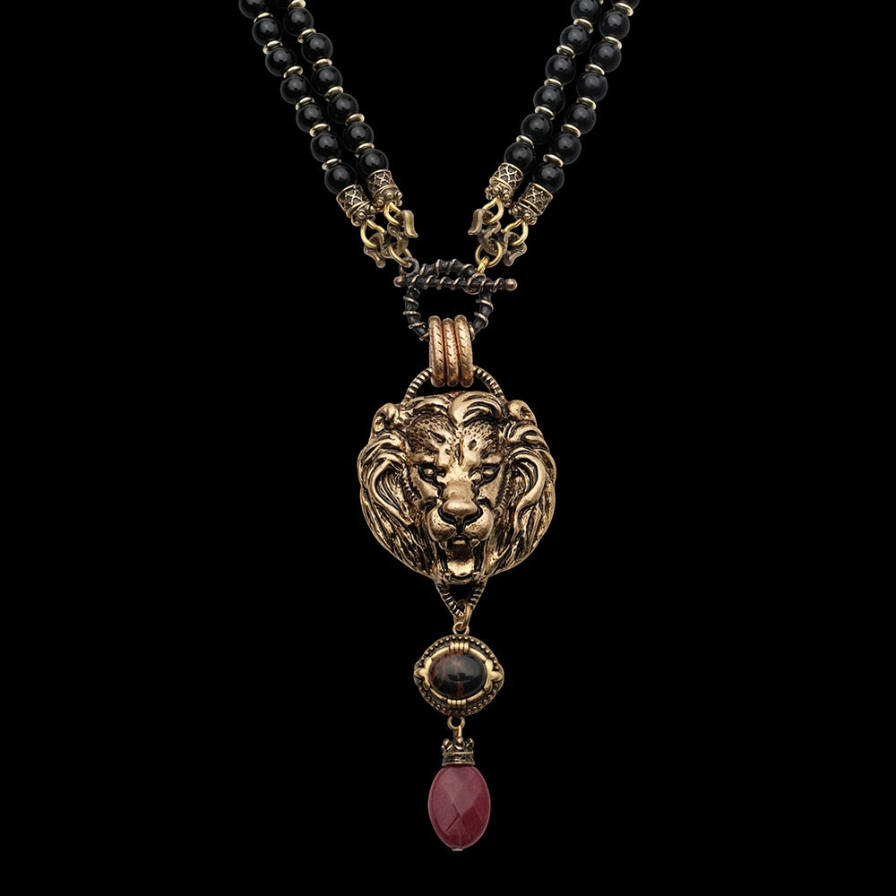 Amorita Boutique Europe Vintage Series Lion King Design Natural Agate Beaded Necklace Collection Series