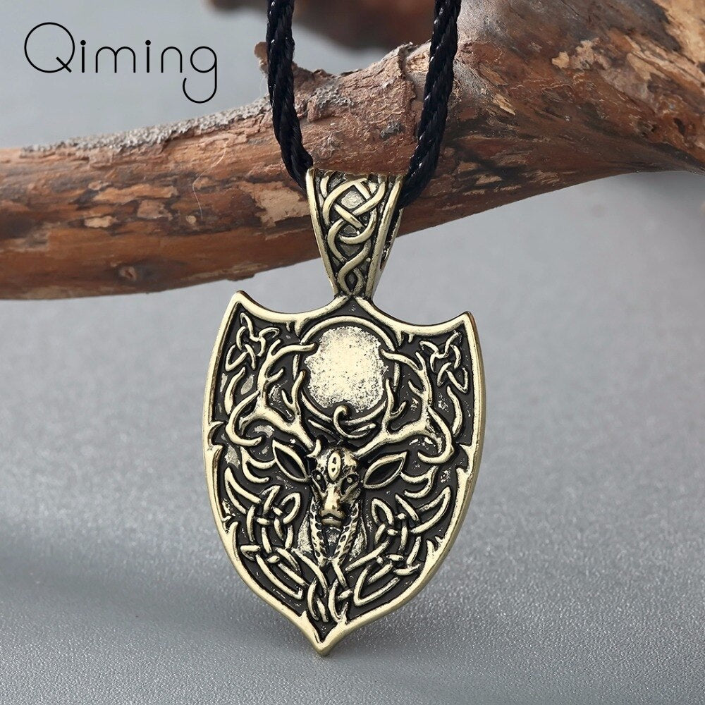 Amulet Animal Pendant Necklace Large Double Deer Sekira Viking Nordic Talisman Punk Necklace Legendary Viking Aegishjalmur