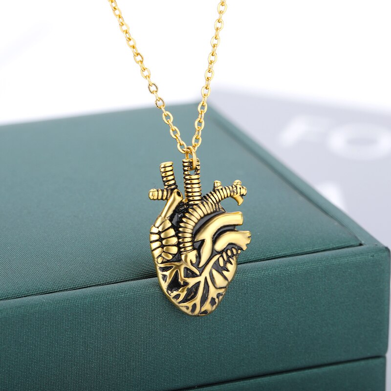 Anatomical Heart Necklace For Women Men Minimalist Stainless Steel Gold Color Organ Pendant Necklaces Vintage Memorial Jewerly