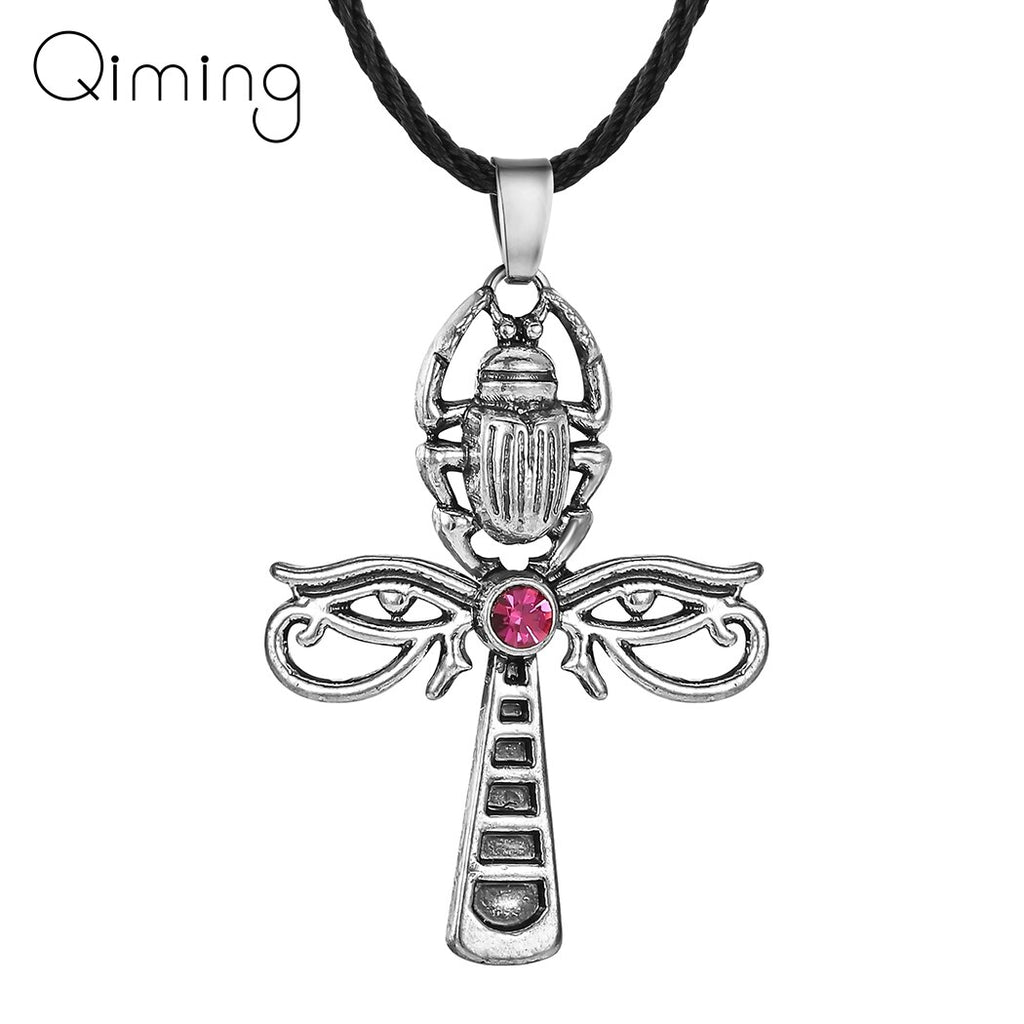Ancient Ankh Cross Pendant Necklace For Women Men Vintage Horus Eye Scarab Egyptian Jewelry Crystal Insect Neckalce Party Gifts