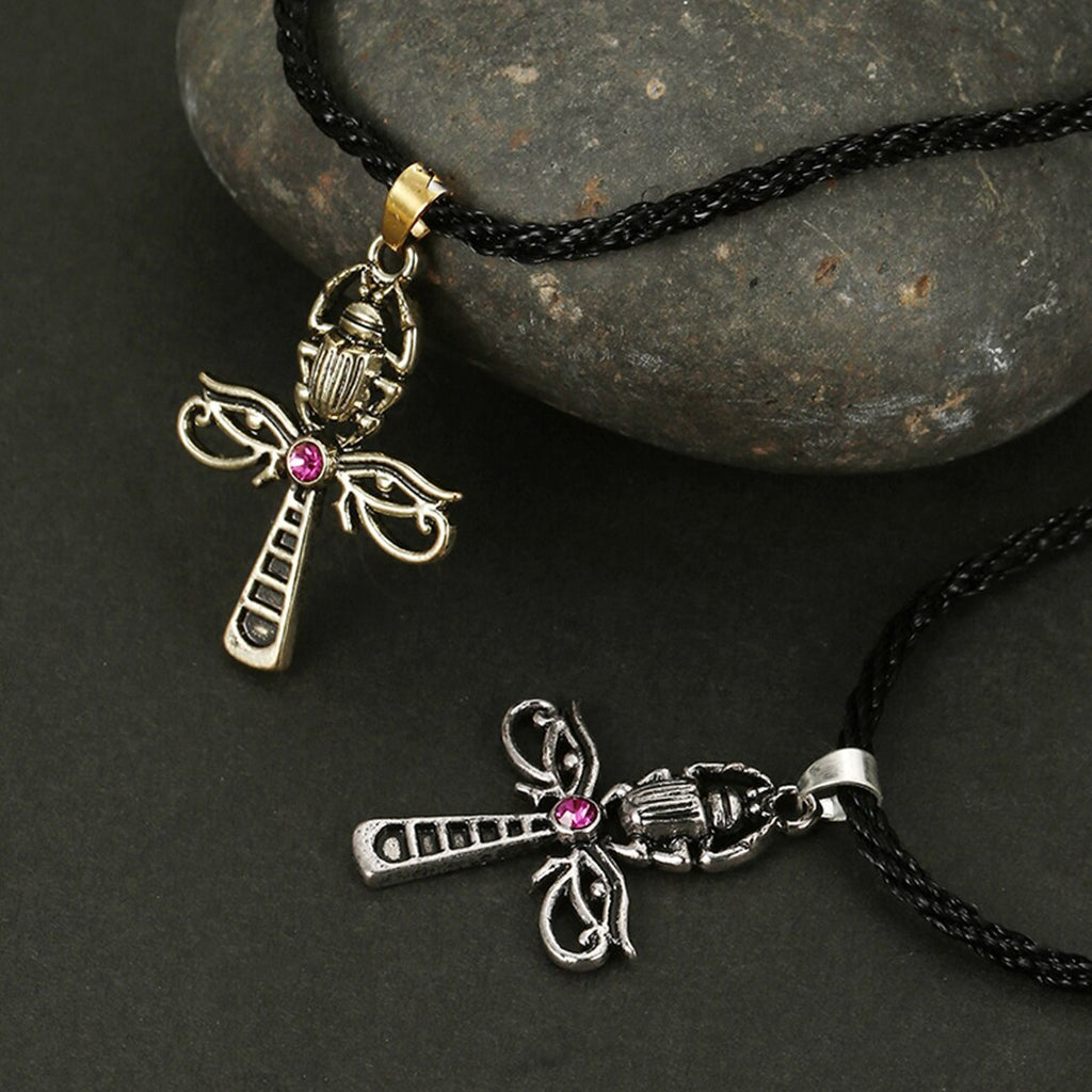 Ancient Ankh Cross Pendant Necklace For Women Men Vintage Horus Eye Scarab Egyptian Jewelry Crystal Insect Neckalce Party Gifts