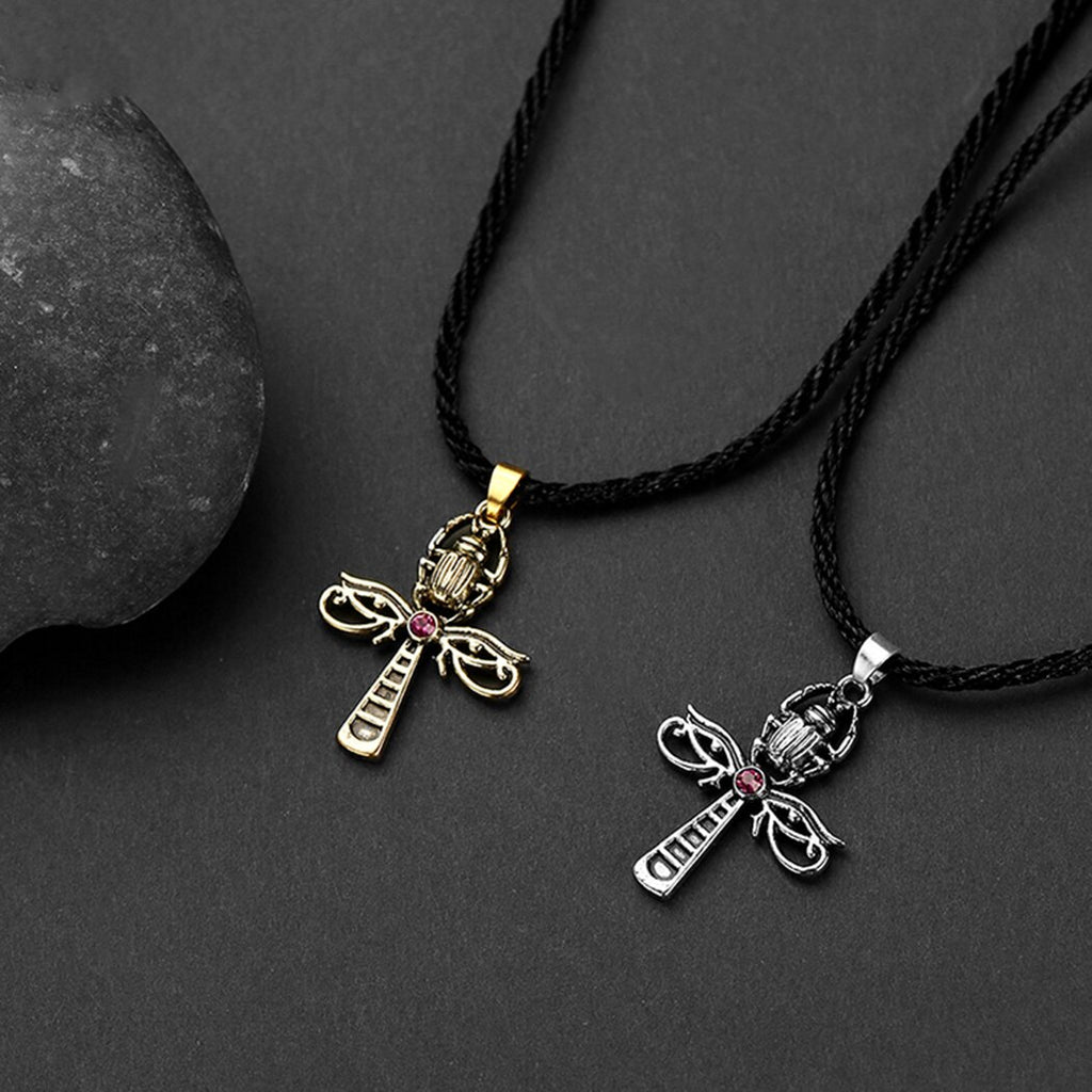 Ancient Ankh Cross Pendant Necklace For Women Men Vintage Horus Eye Scarab Egyptian Jewelry Crystal Insect Neckalce Party Gifts
