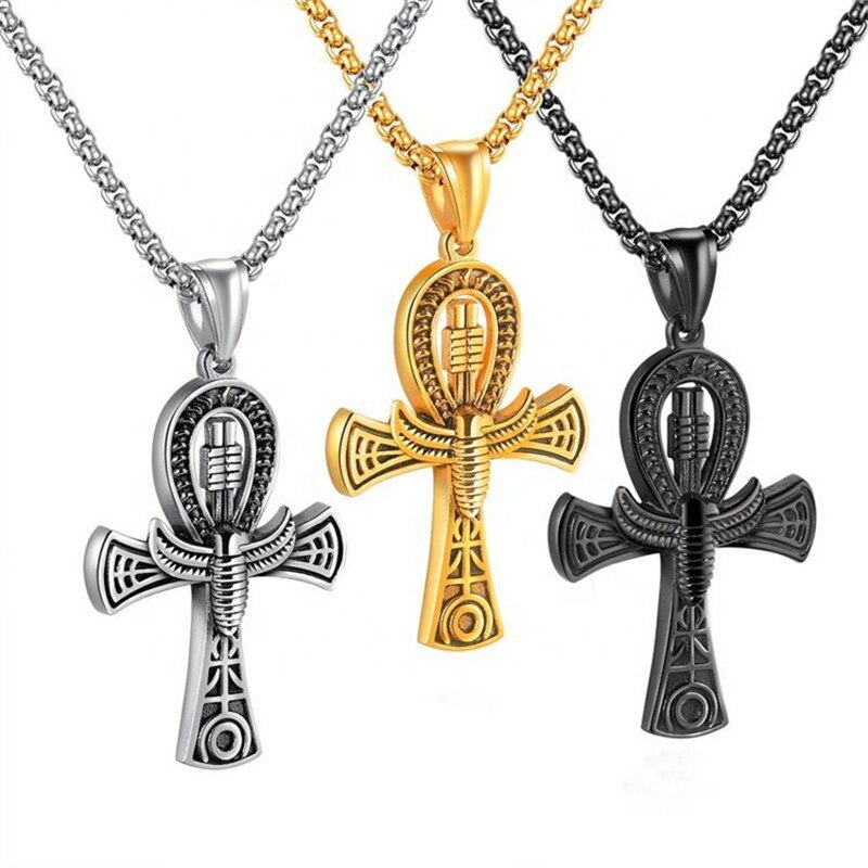 Ancient Egyptian Cross Pendant Chain Ankh With Scarab Charm Men Cross Pendant Necklace the Key of Life Male Jewelry