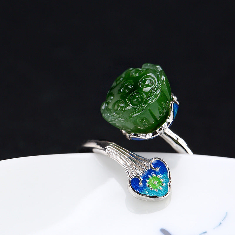 Anel Feminino Real 2020 New S925 Pure Inl Cloisonne Ms High-grade Hetian Lotus Opening Restoring Ancient Ways Ring Wholesale