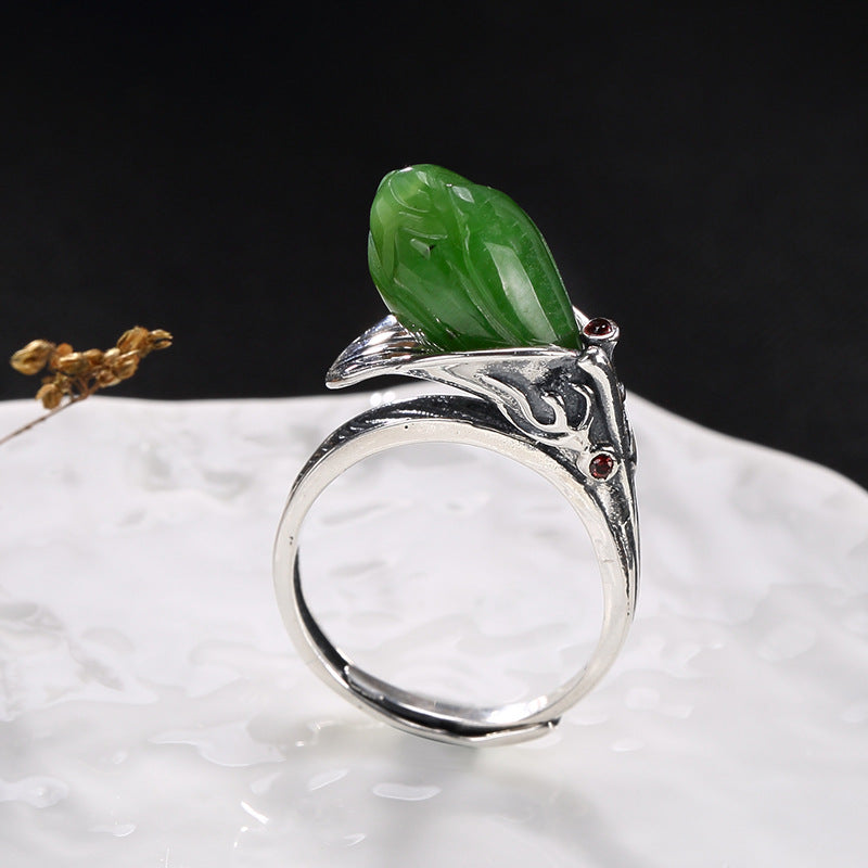 Anel Feminino Real Women Jasper 2020 New S925 Pure Antique Mosaic Natural Jade Jasmine Orchid Lady High-end Open Ring Wholesale