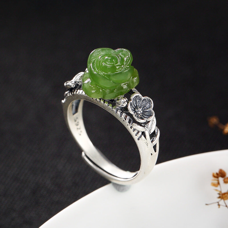 Anel Feminino Rushed Women Jasper Rose 2020 New S925 Pure Natural Hetian Inl Plum Blossom Female Opening Ring Wholesale Rose