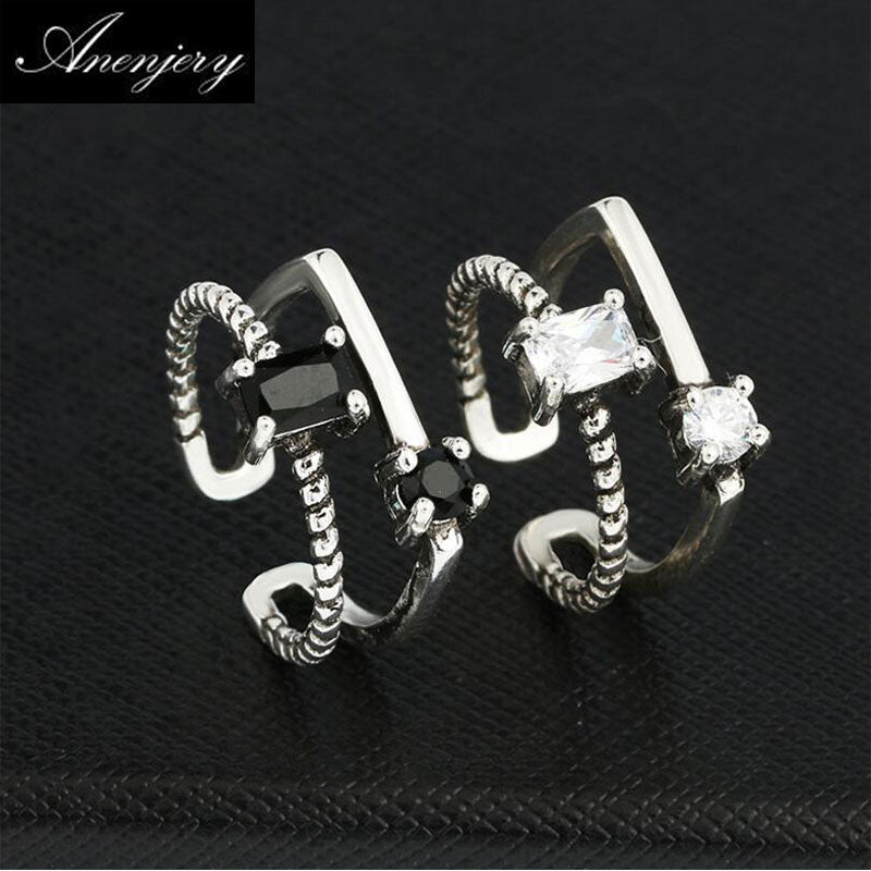 Vintage Fashion 925 Sterling Silver Double Rows Gem Zircon anel Punk Opening Thai Silver Rings For Women S-R71