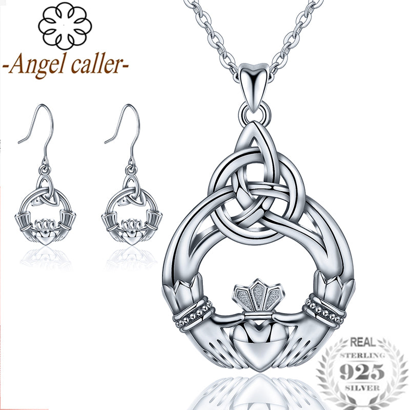 925 Silver Jewelry Sets Claddagh Design Necklace Earrings Sterling Sliver Celtics Knot Pendants&Eardrop for Women