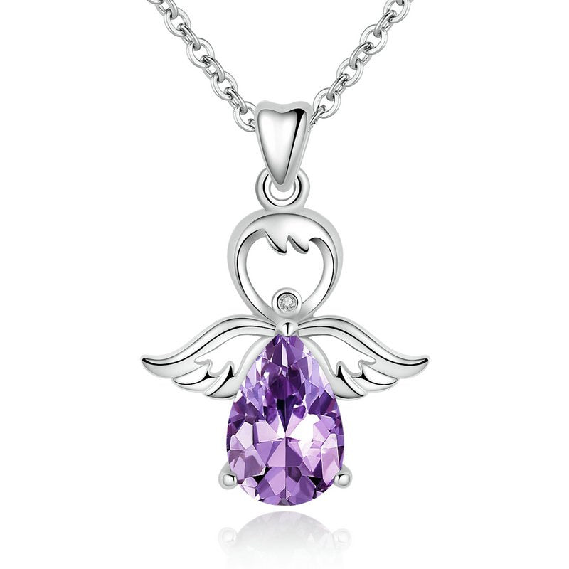925 Sterling Silver Amethyst Pendant Necklace Angel Wing AAA Zircon Necklace Valentine's D Gift for Women CYD144