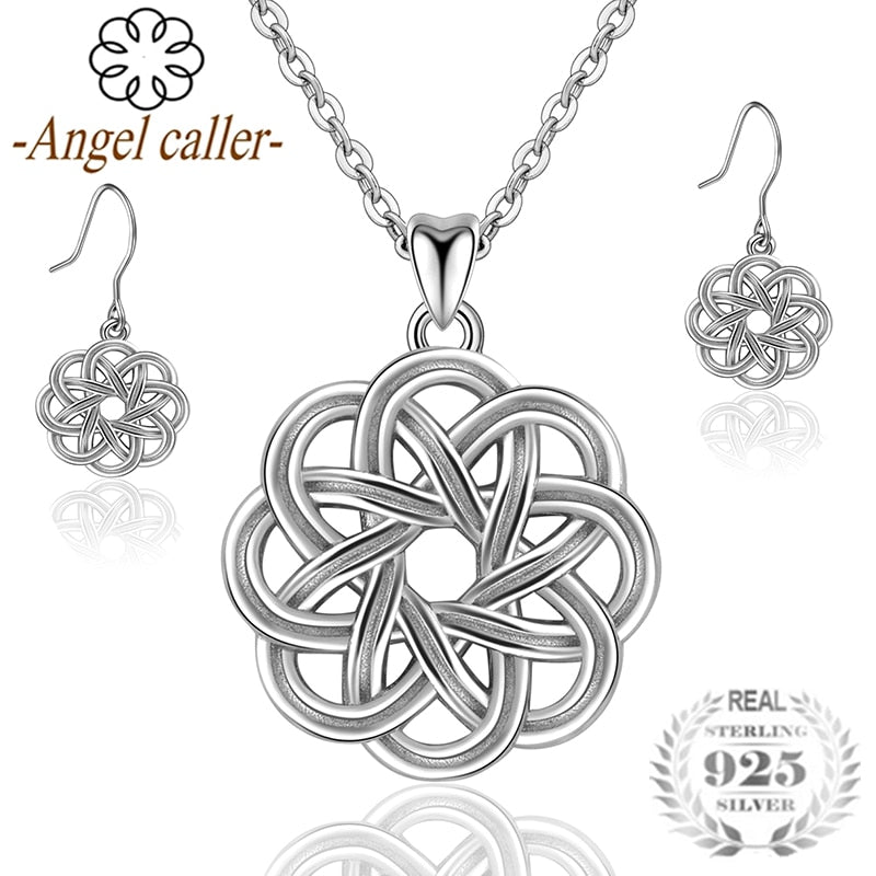 925 Sterling Silver Celtics Knot Jewelry Sets Round Vintage Pendant Necklaces Earrings Flower Love Dangle Earrings