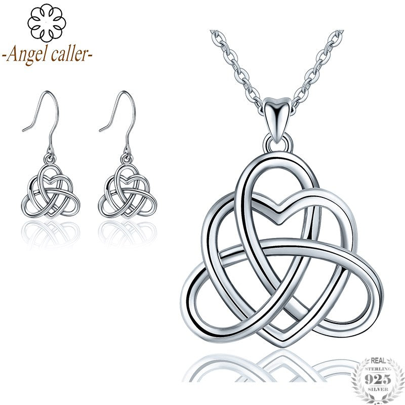925 Sterling Silver Celtics Love Knot Pendant Necklaces&Earring Good Luck Love Heart Wedding Jewelry Sets For Women