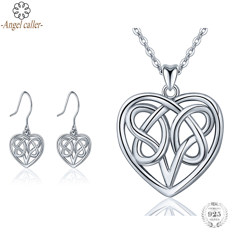 925 Sterling Silver Heart Jewelry Sets Celtics Knot Pendant Necklace Dangle Earrings for Women Girls Fine Jewelry