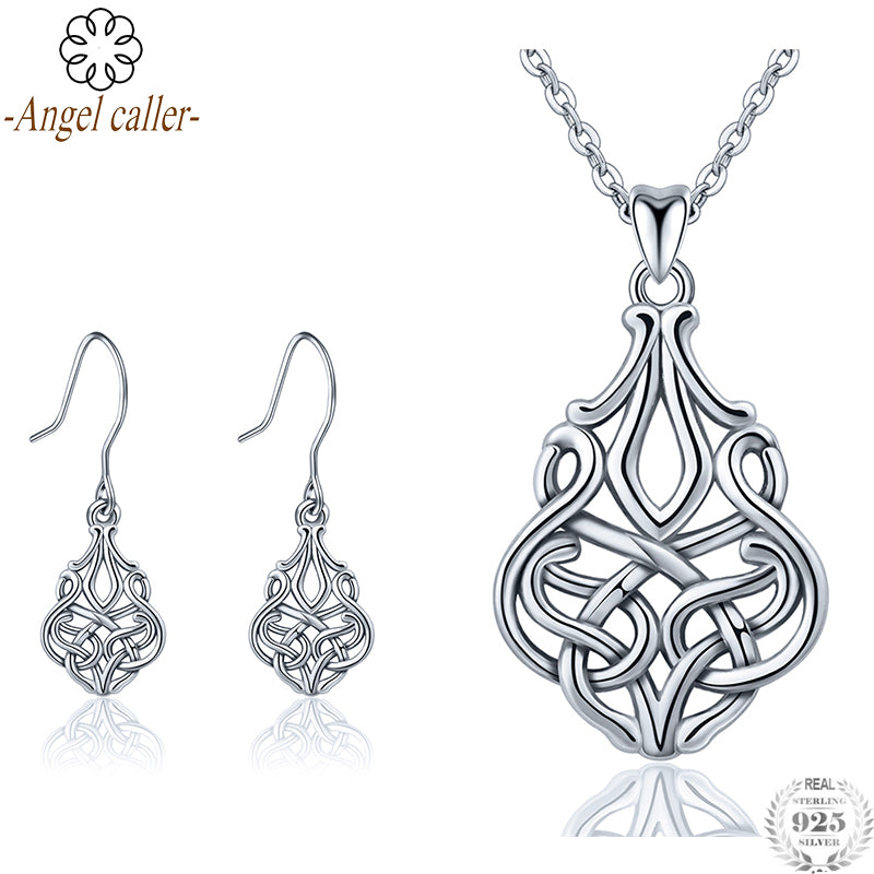 Authentic 925 Sterling Silver Celtics Knot Jewelry Sets Dangle Earrings Pendant Necklace for Women Fine Jewelry