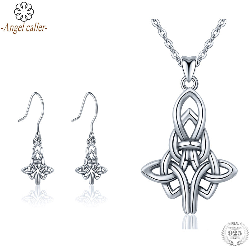 Genuine 925 Sterling Silver Jewelry Sets Irish Celtics Knot Pendant Necklace Dangle Earrings Fine Jewelry for Women