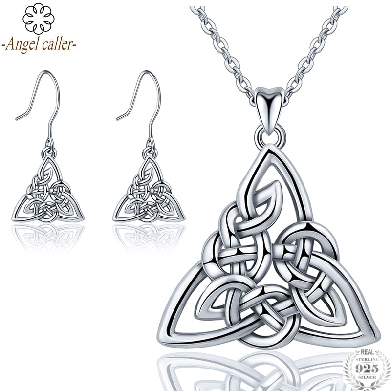 Real 925 Sterling Silver Triangle Jewelry Sets Celtics Knot Pendant Necklace Drop Earrings Fine Jewelry for Women