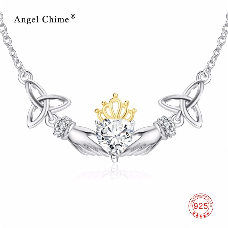 Angel Hands with Gold Crown 925 Sterling Silver Pendant Necklace 3A Cubic Zirconia Fashion Jewelry For Women Engagement Gift