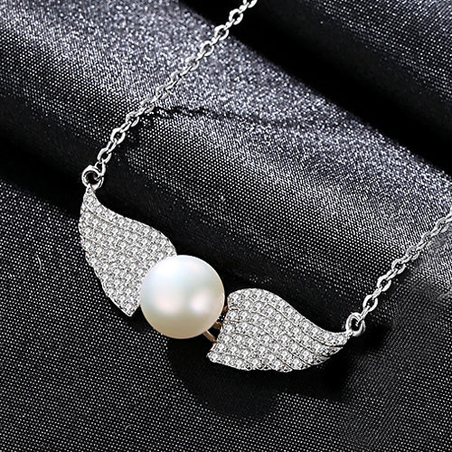 Angel Wings Shape Clavicular chain Sterling Silver Pendant Necklace with Flat Bead Natural Pearl Necklace for Women