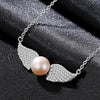 Angel Wings Shape Clavicular chain Sterling Silver Pendant Necklace with Flat Bead Natural Pearl Necklace for Women