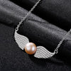Angel Wings Shape Clavicular chain Sterling Silver Pendant Necklace with Flat Bead Natural Pearl Necklace for Women