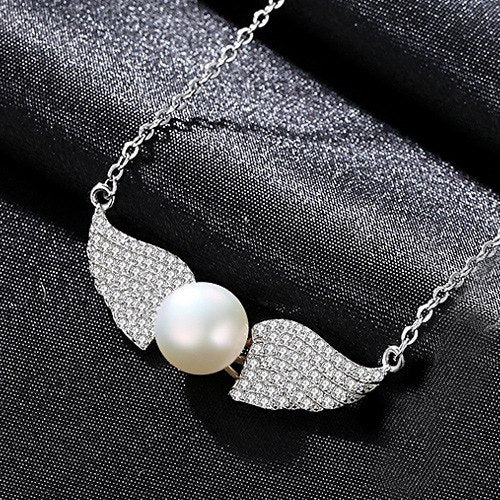 Angel Wings Sterling Silver Clavicle Chain 9-9.5mm Natural Pearl Pendant Necklace Women Jewelry