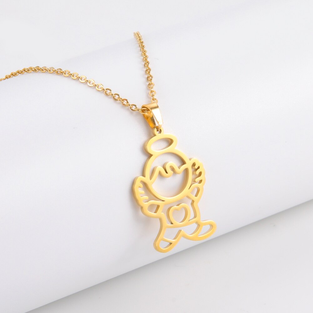 Angle Wings Baby Boy Girl Necklace Kid Cute Child Heart Gold Color Stainless Steel Chain Pendant Gift For Woman Man Jewelry