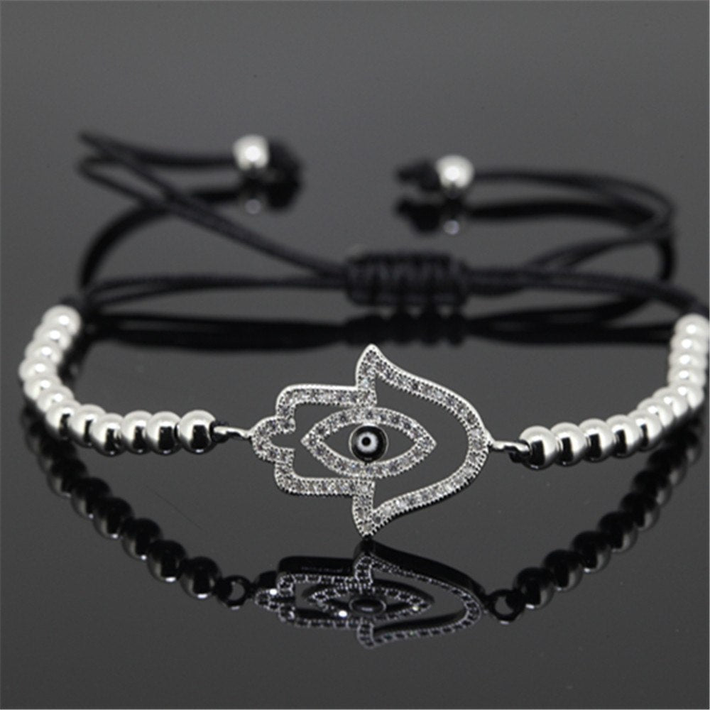 Anil Arjandas Micro Pave Champagne CZ Men Bracelet Hamsa hand Evil Eye Silver/Rose Gold Round Bead Braiding Macrame Bracelet