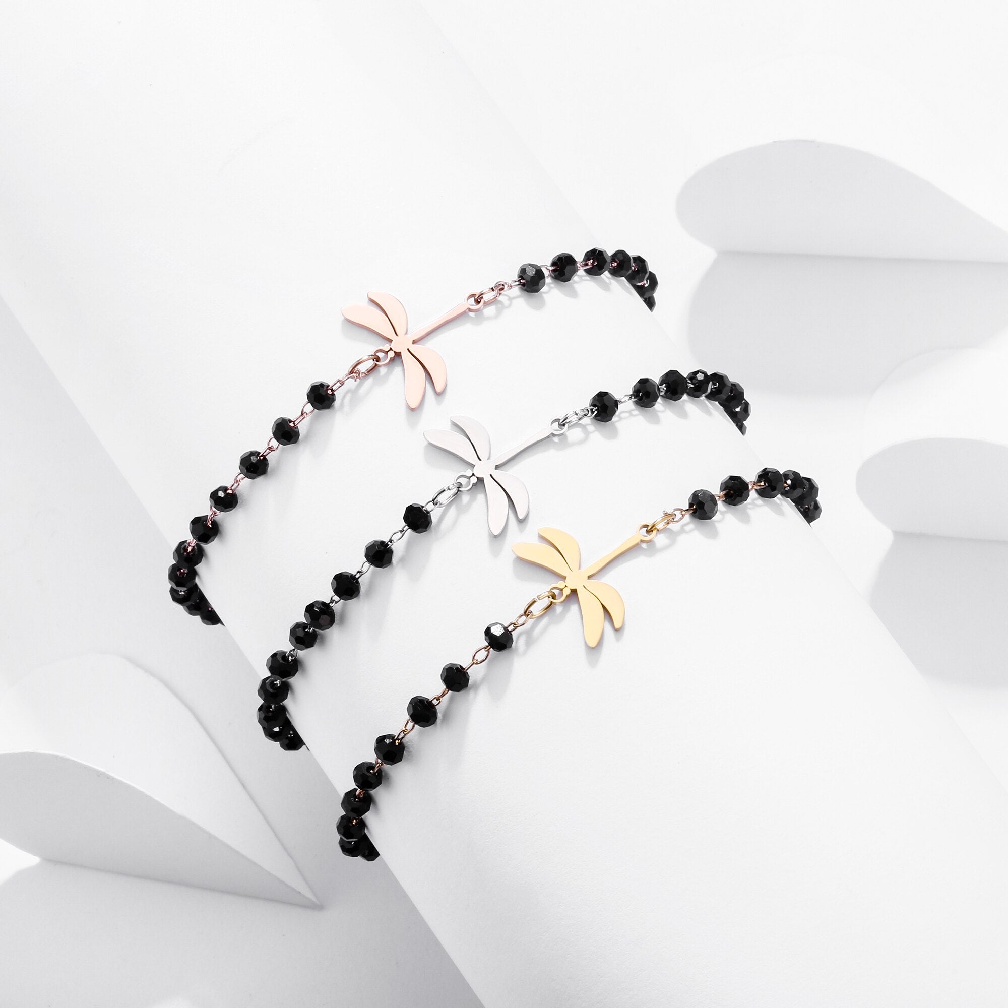 Animal Cute Black Beads Chain Dragonfly Cartoon Dainty Charm Bracelet Stainless Steel Engagement Jewelry for Women Girls Gift