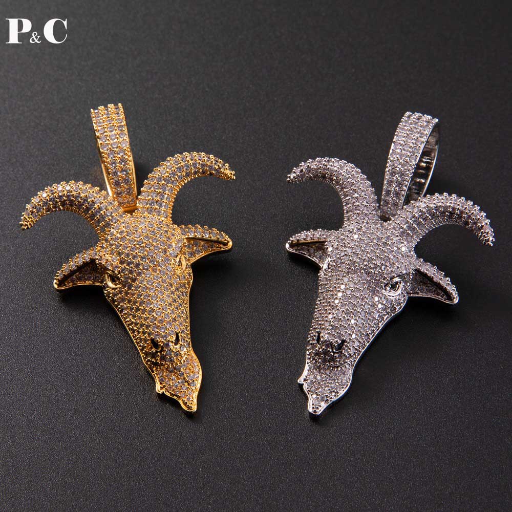 Animal Goat head Pendant Hip Hop Color Zircon Necklace Iced Out Cubic Zirconia Jewelry For Men