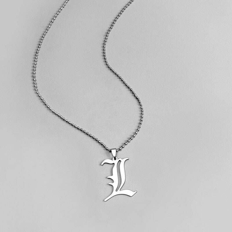 Anime Death Note L Lawliet Necklace Stainless Steel Old English Letter Pendant Beads Chain Necklaces Cosplay Jewelry Accessories