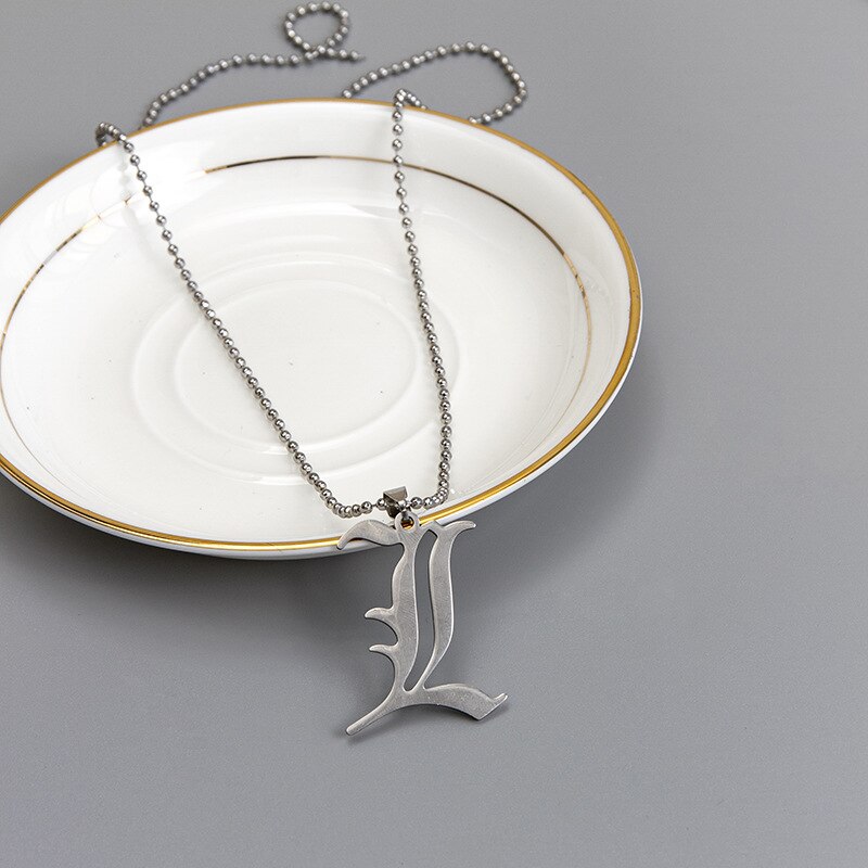 Anime Death Note L Lawliet Necklace Stainless Steel Old English Letter Pendant Beads Chain Necklaces Cosplay Jewelry Accessories