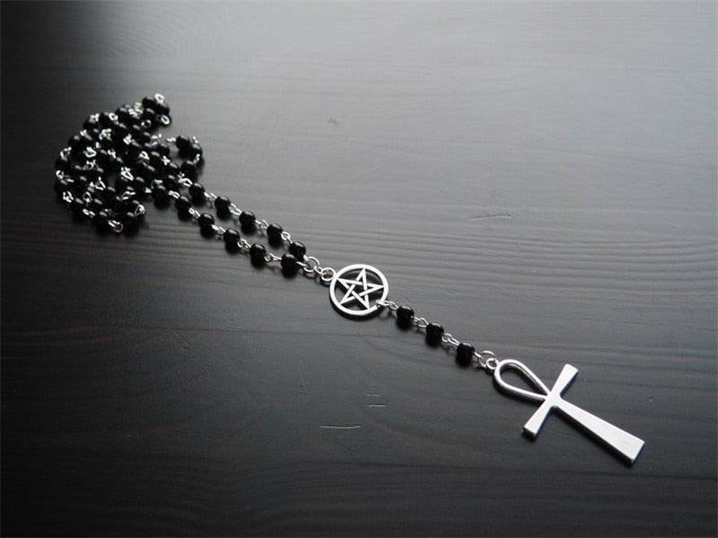 Ankh and Pentagram Rosary Necklace , Wicca, Pagan Rosary Black Beads Charm Jewelry for Women Gift Fashion Simple Jewellery