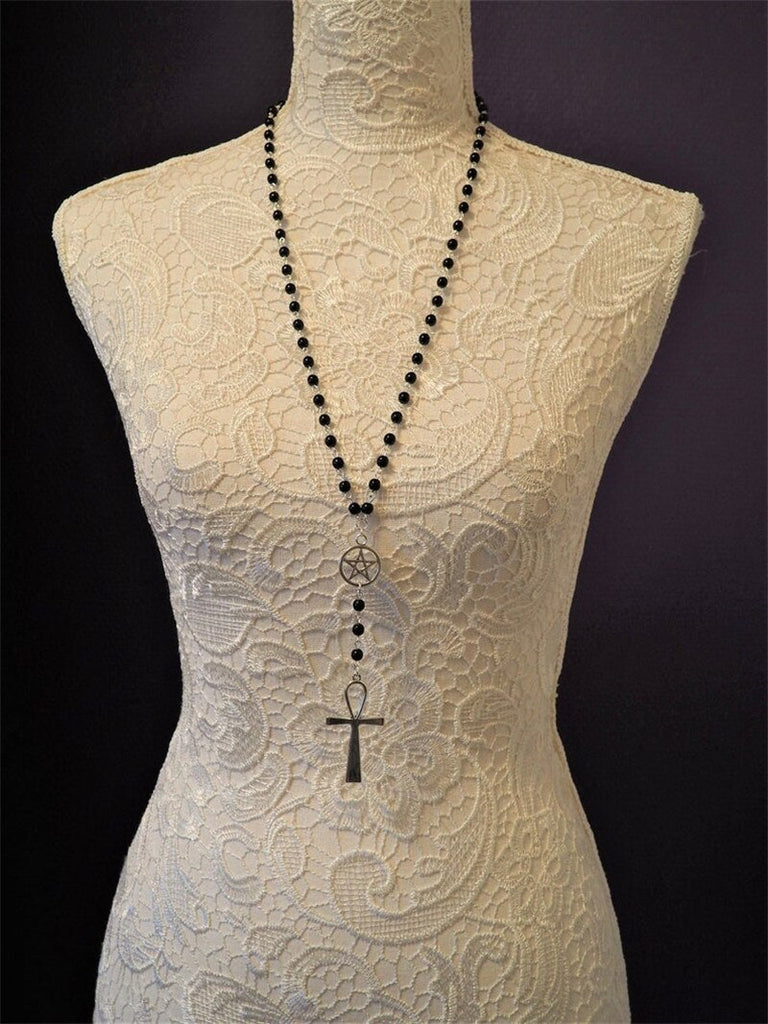 Ankh and Pentagram Rosary Necklace , Wicca, Pagan Rosary Black Beads Charm Jewelry for Women Gift Fashion Simple Jewellery