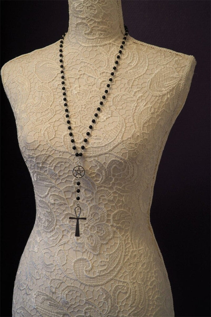 Ankh and Pentagram Rosary Necklace , Wicca, Pagan Rosary Black Beads Charm Jewelry for Women Gift Fashion Simple Jewellery