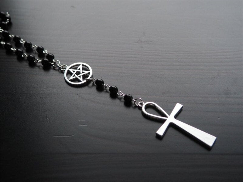 Ankh and Pentagram Rosary Necklace , Wicca, Pagan Rosary Black Beads Charm Jewelry for Women Gift Fashion Simple Jewellery