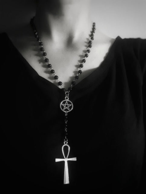 Ankh and Pentagram Rosary Necklace , Wicca, Pagan Rosary Black Beads Charm Jewelry for Women Gift Fashion Simple Jewellery