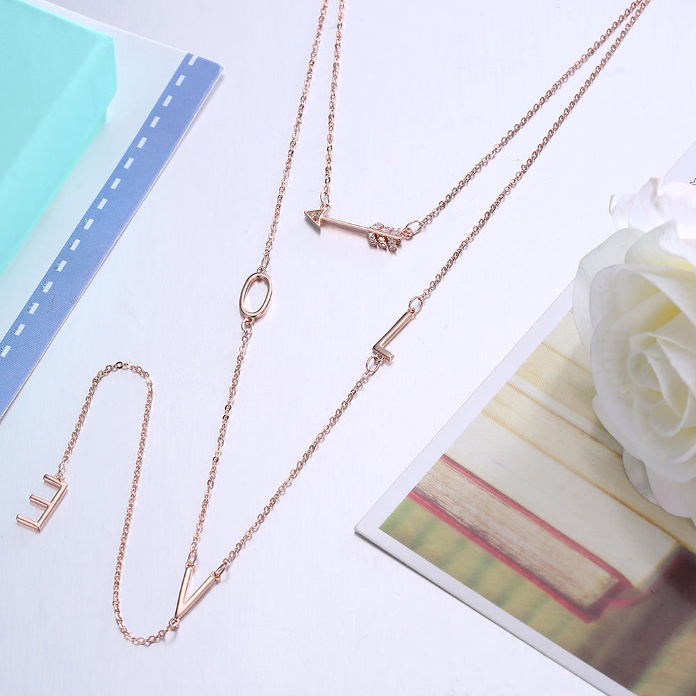 925 Sterling Silver Long Chain Love Letter Pendent Arrow Shape Cubic Zirconia Stone Pave 2 Colors For Women Party