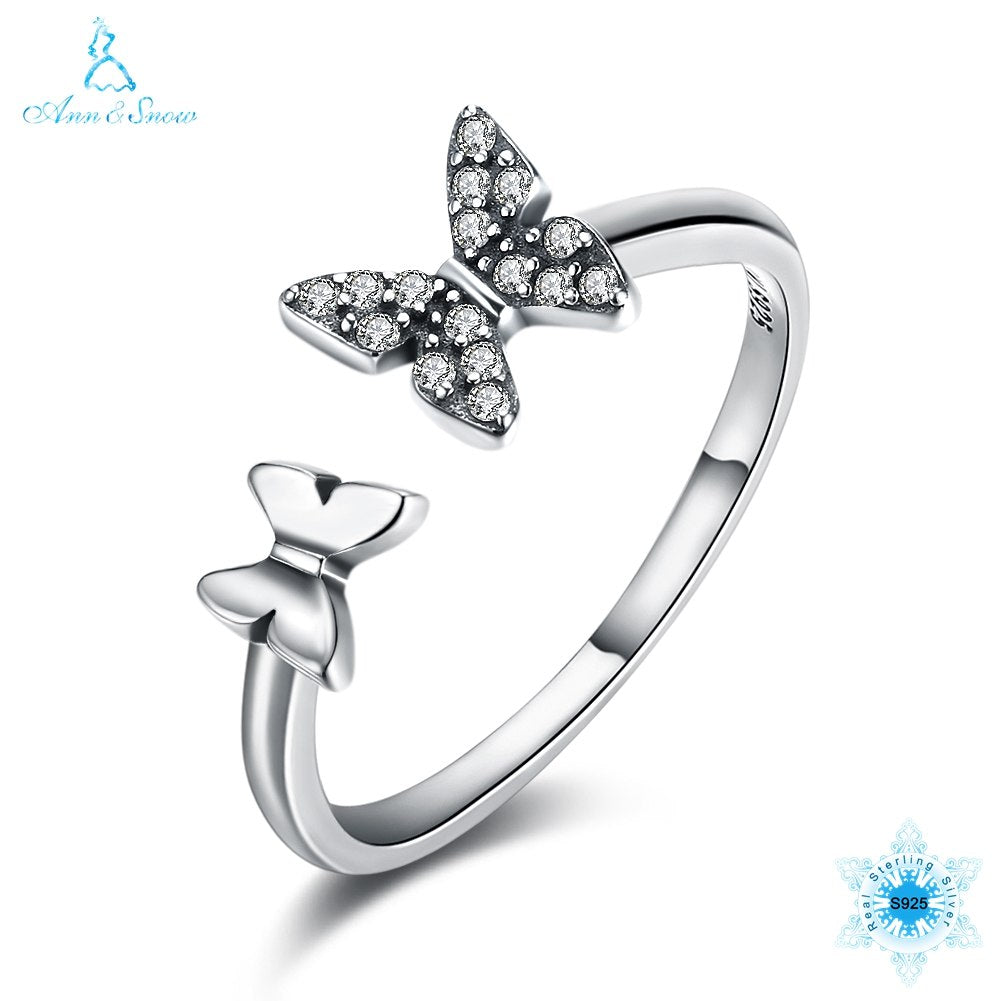 Ann&Snow Hot Sale 925 Sterling Silver Dazzling CZ Butterfly Open Finger Ring for Women Sterling Silver Fine Jewelry Gift