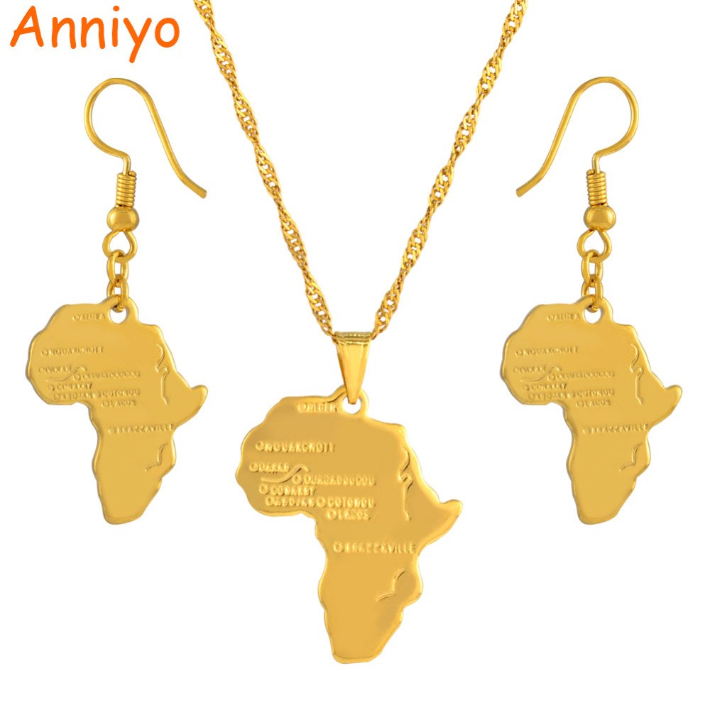 Africa Map Jewelry set Pendant Necklaces Earrings Gold Color Map of African Ethiopian Nigeria Sudan Congo sets #002306S