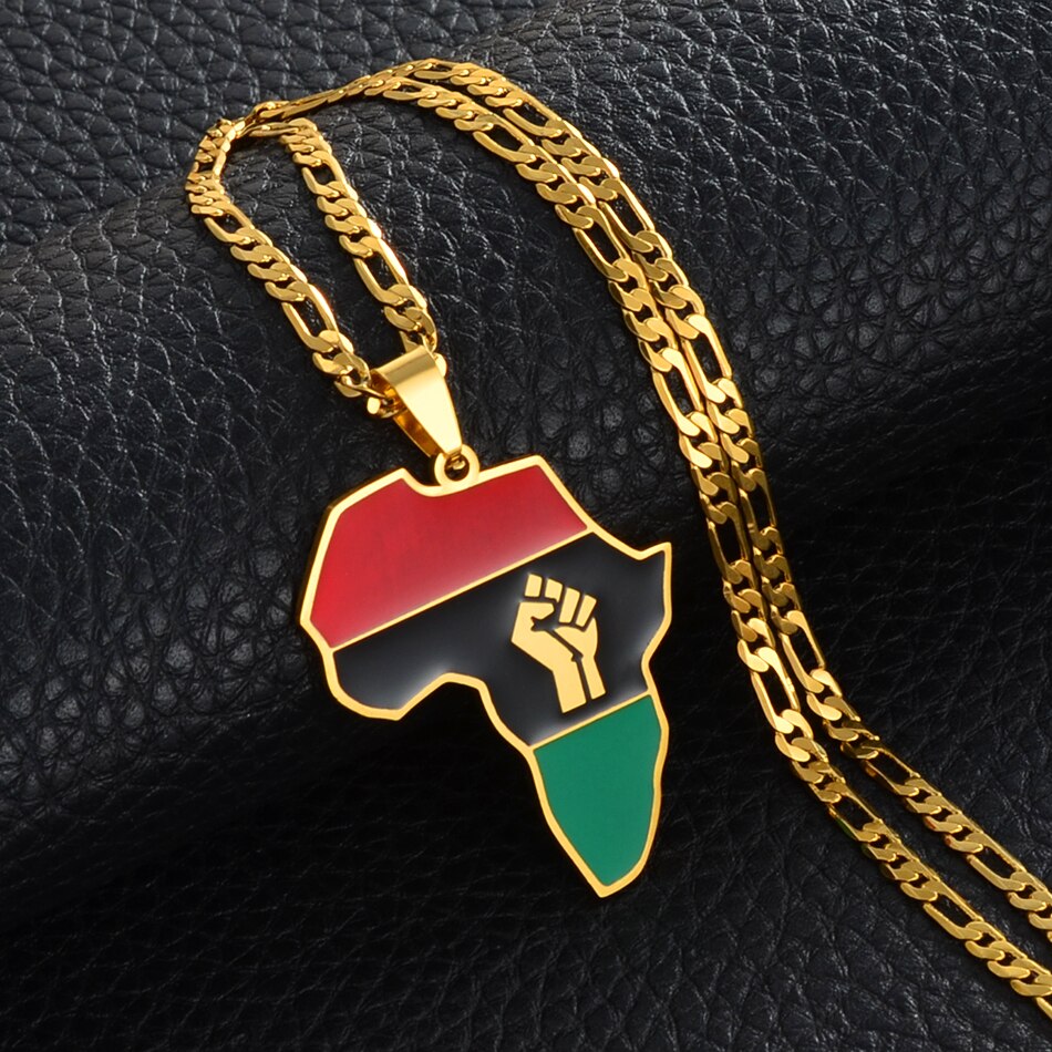 Anniyo African Color Map & Fist Symbol Pendant Necklaces Silver Color/Gold Color Africa Maps Black Lives Matter Jewelry #166321