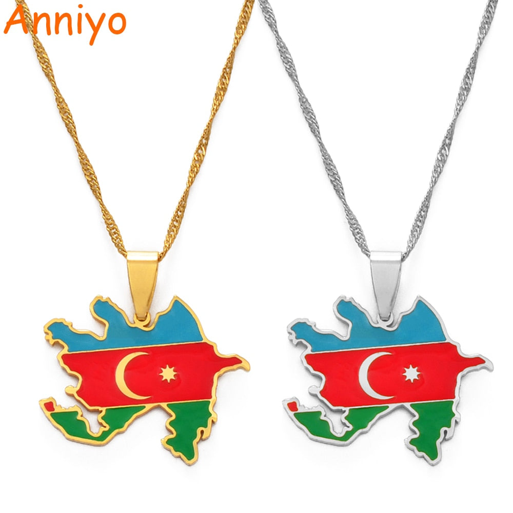 Anniyo Azerbaijan Map & Colored Flags Pendant Necklaces Azerbaycan of Maps Jewelry Gifts  #174821