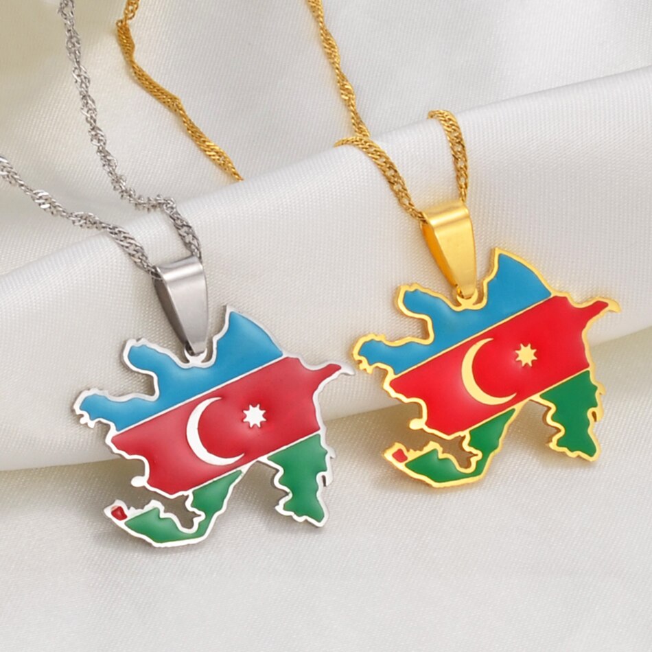 Anniyo Azerbaijan Map & Colored Flags Pendant Necklaces Azerbaycan of Maps Jewelry Gifts  #174821