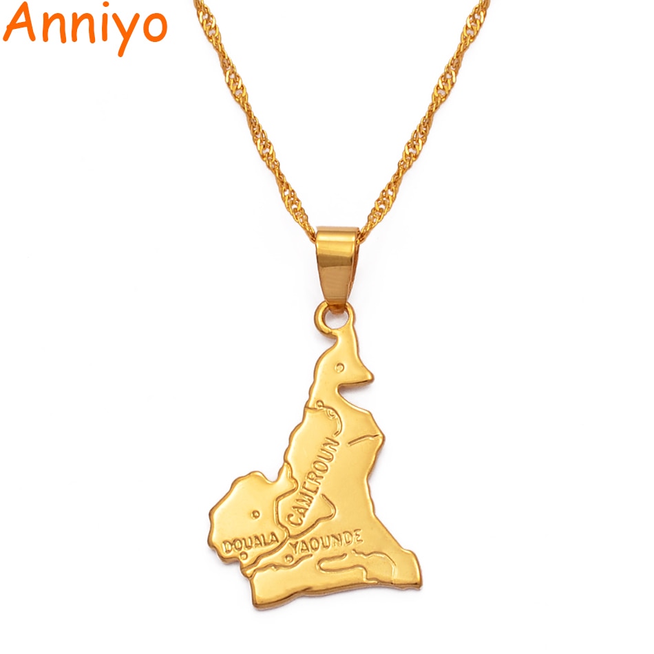 Anniyo Cameroon map pendant necklace chain W/45cm or 60cm gold color jewelry women men,Africa jewelry cameroun necklaces #007510