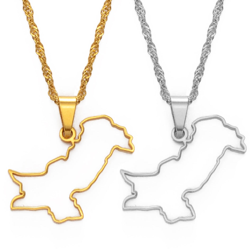 Anniyo Contour Design Pakistan Map Pendant Necklaces Silver Color/Gold Color Pakistani Ethnic Jewelry #148321