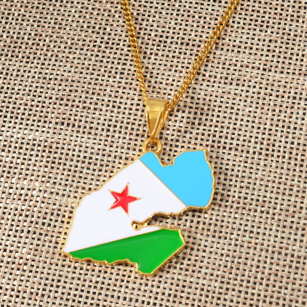 Anniyo DJIBOUTI Flag & Map Pendant Necklaces for Women Men Gold Color Charm Gabuutih Jewelry #158206