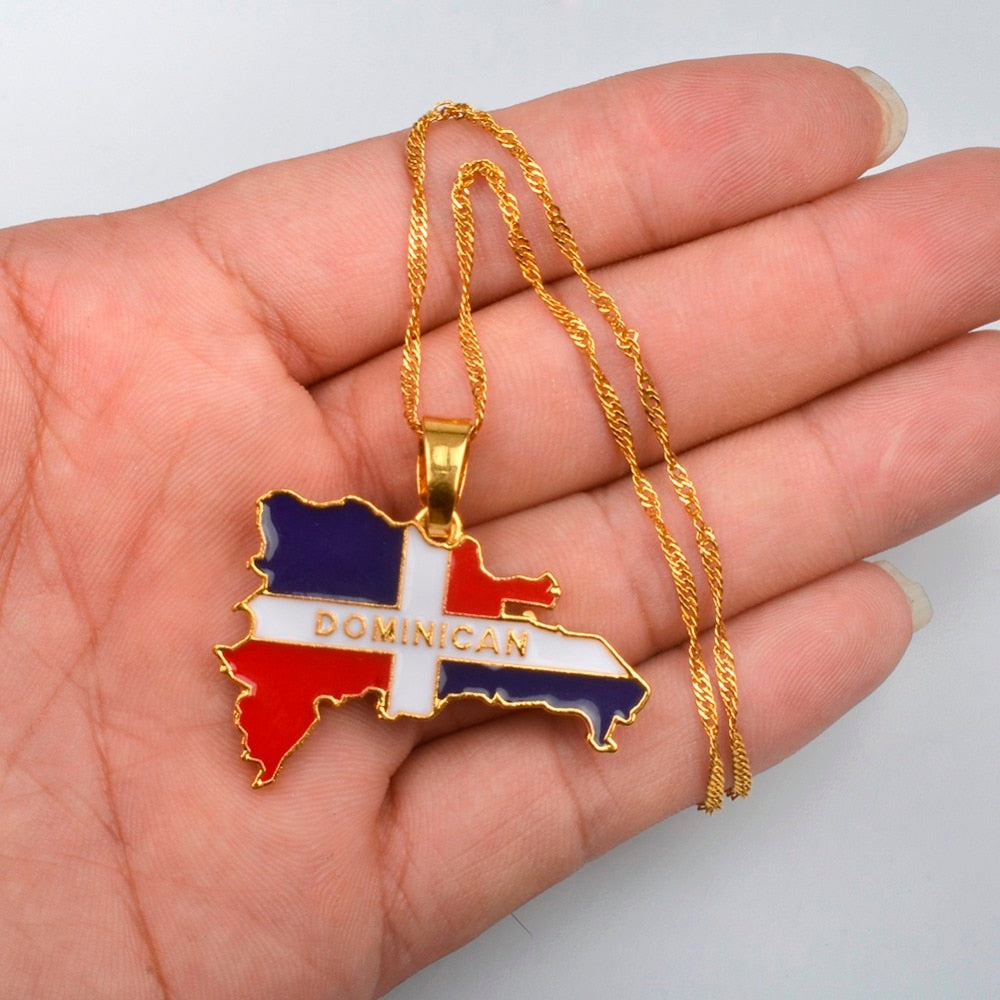 Anniyo Dominican Map Flag Pendant Necklaces Dominicans Country Map Jewelry Gold Color #076806